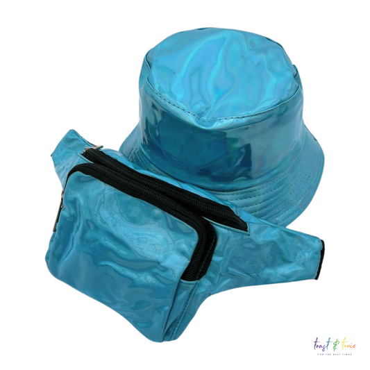 Turquoise Holographic Bum Bag and Bucket Hat