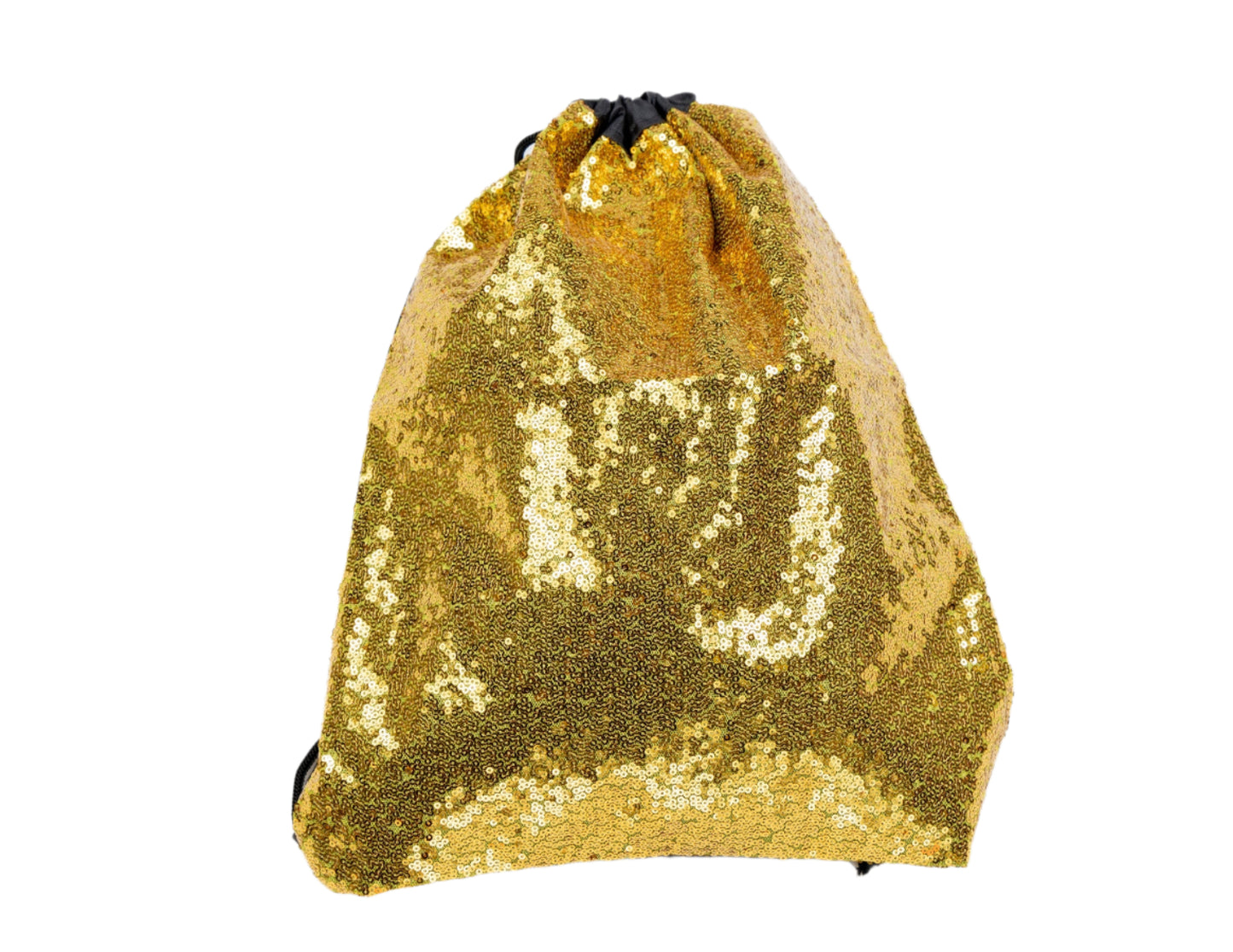 Gold Sequin drawstring bag makes a great festival bag, doubles as backpack front view