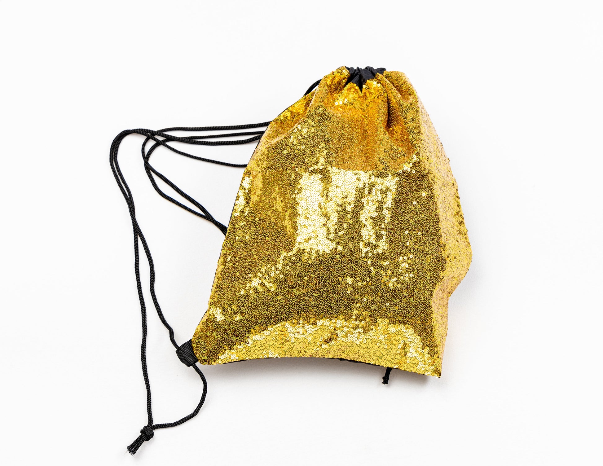 Gold Sequin drawstring bag makes a great festival bag, doubles as backpack front view with drawstring out