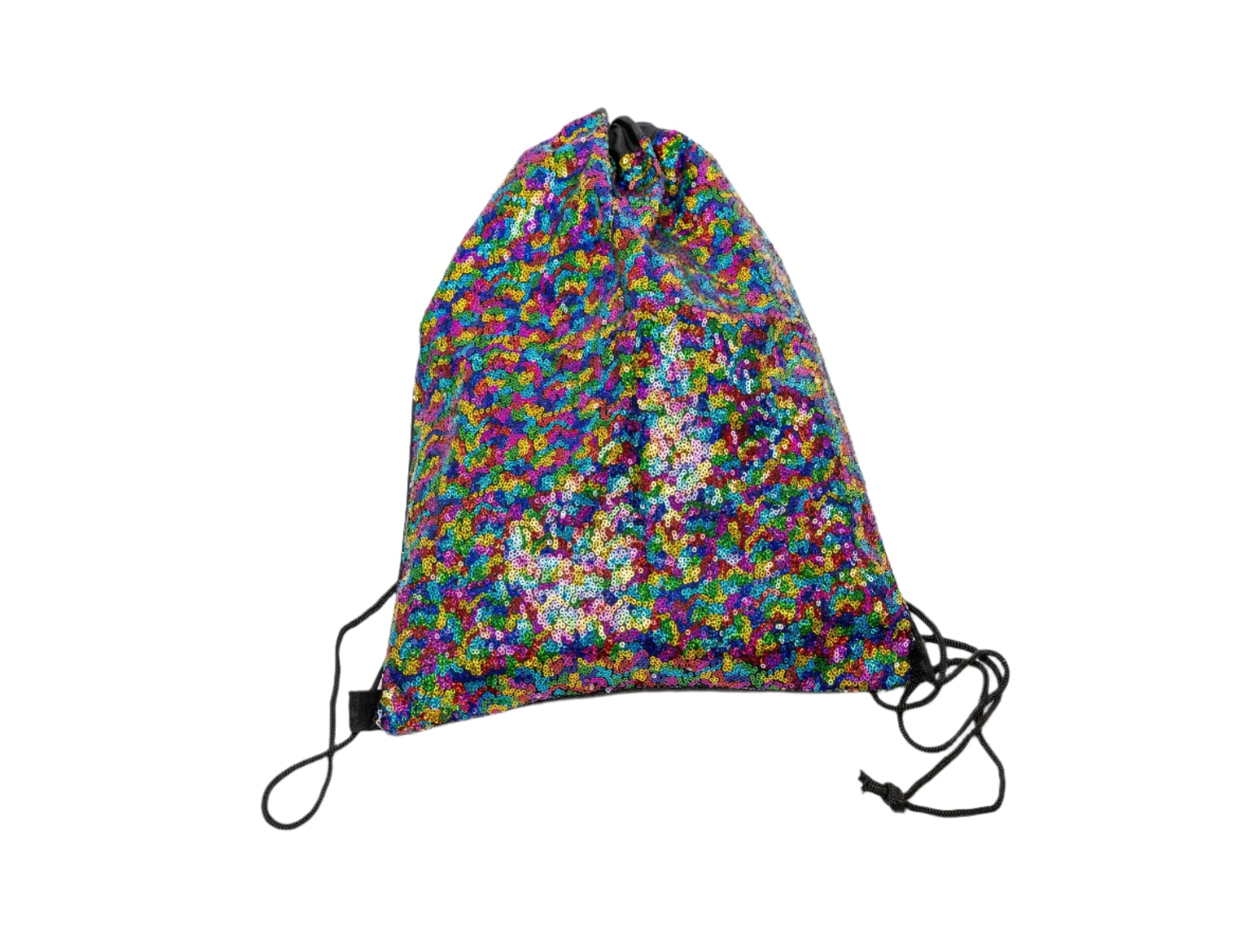 multicoloured Sequin drawstring bag makes a great festival bag, doubles as backpack front view