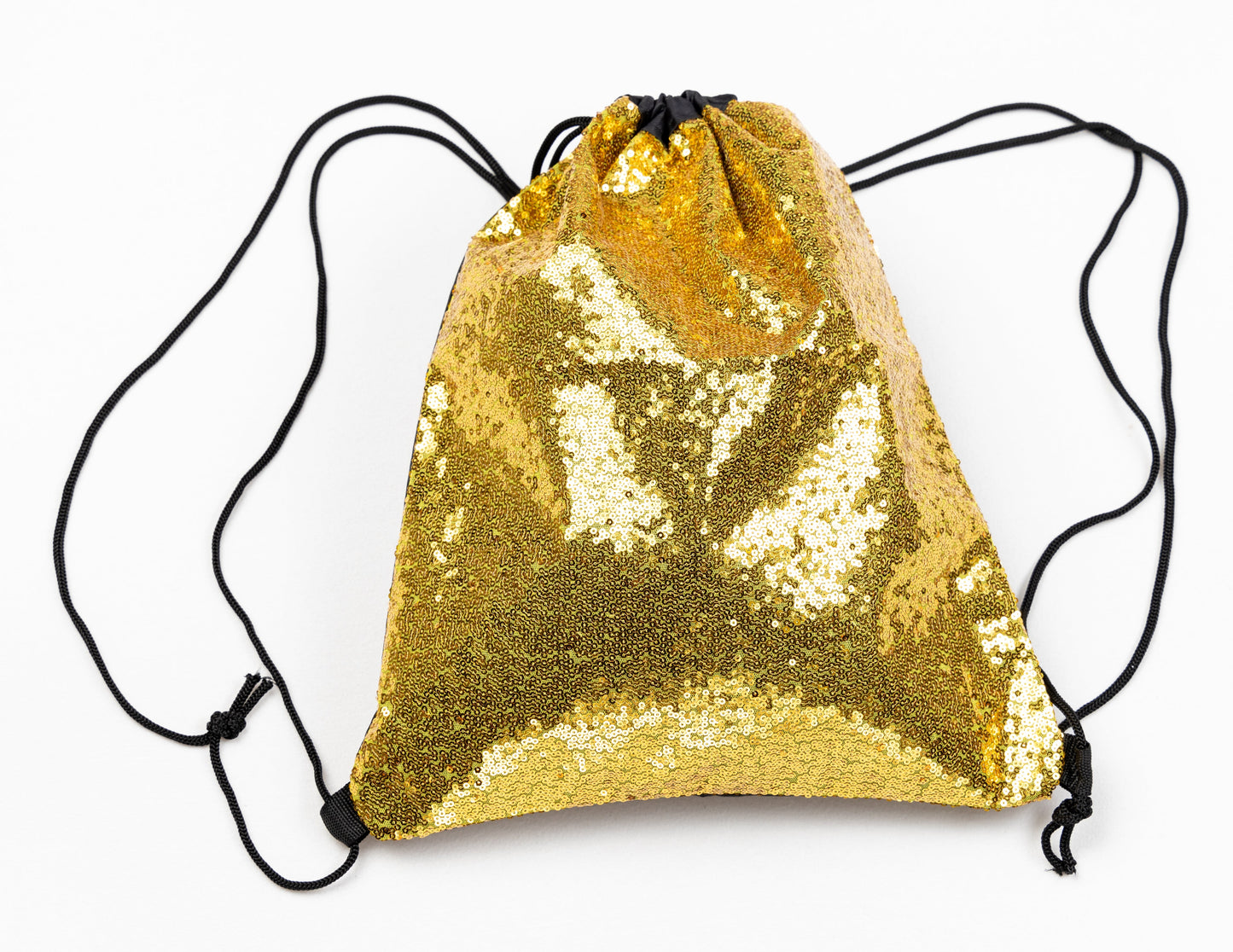 Gold Sequin drawstring bag makes a great festival bag, doubles as backpack front view with both drawstrings out each side