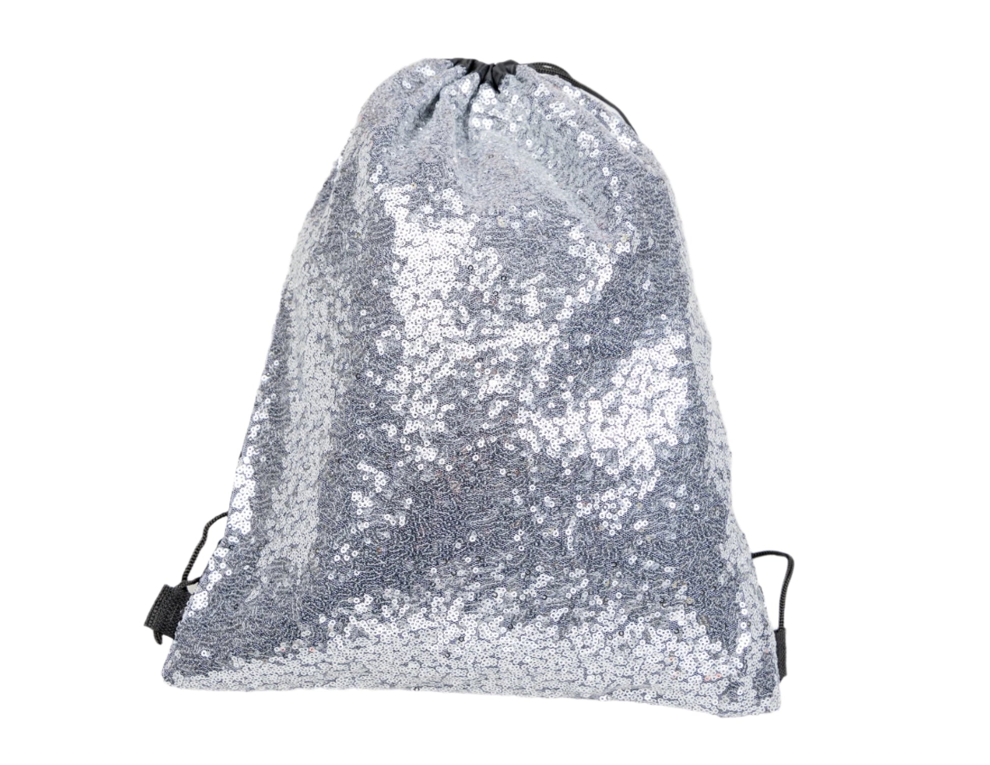 Closeup of silver Sequin drawstring bag makes a great festival bag, doubles as backpack