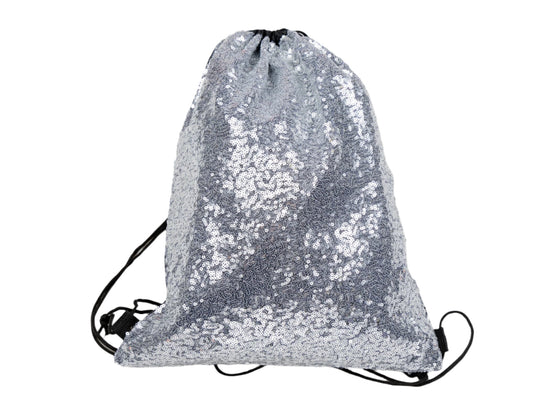 Silver Sequin drawstring bag makes a great festival bag, doubles as backpack