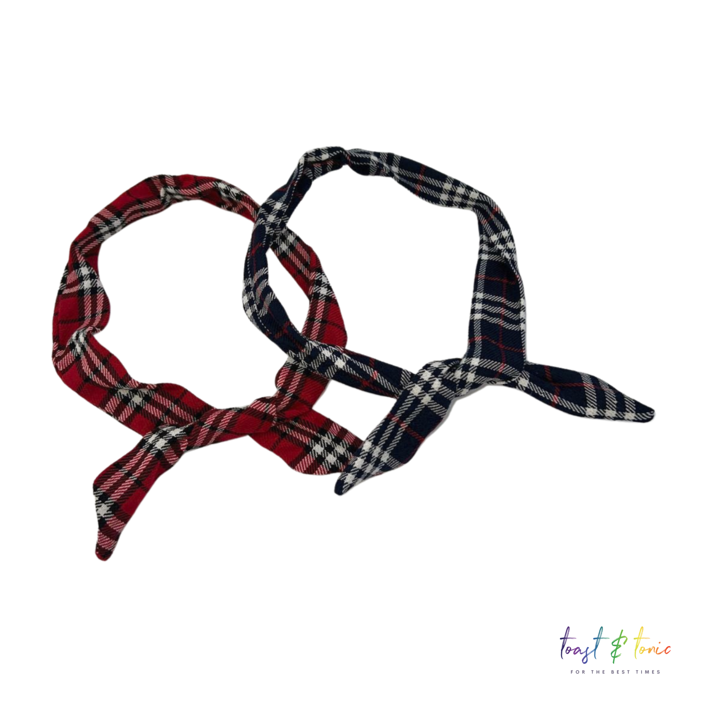 Wire Headbands in colour options of red tartan and navy blue tartan wire hair ties from toast and tonic.  Shop Now