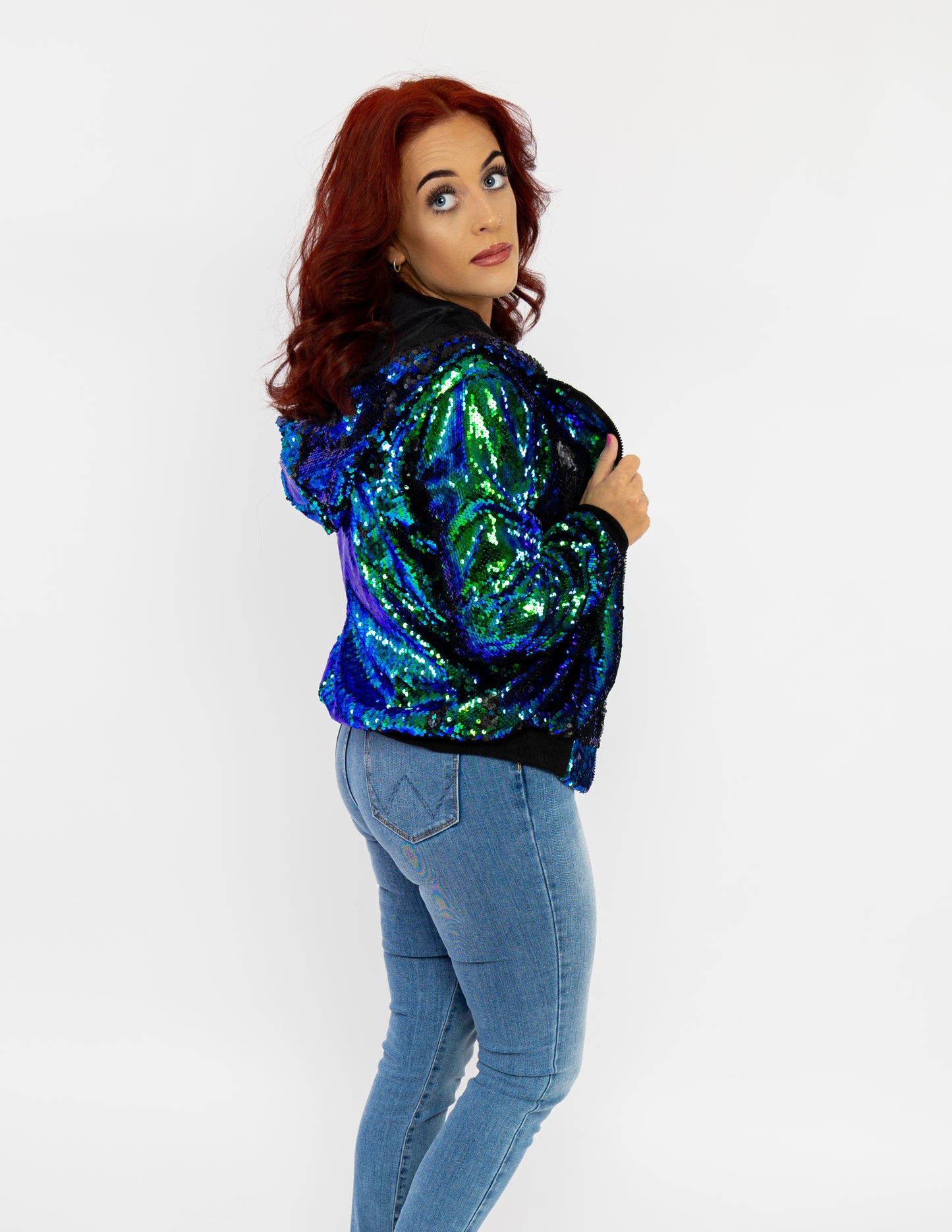 Green sequin bomber jacket